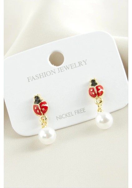 Uğur Böceği Mineli Inci Küpe