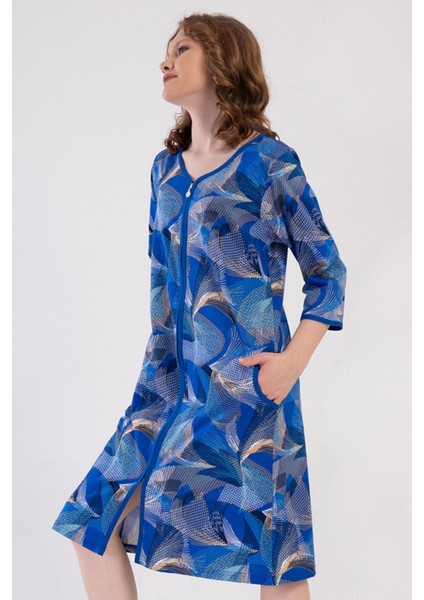 Kadın Büyük Beden Kapri Kollu V Yaka Fermuarlı Mavi Ev Elbisesi C2T4N1904