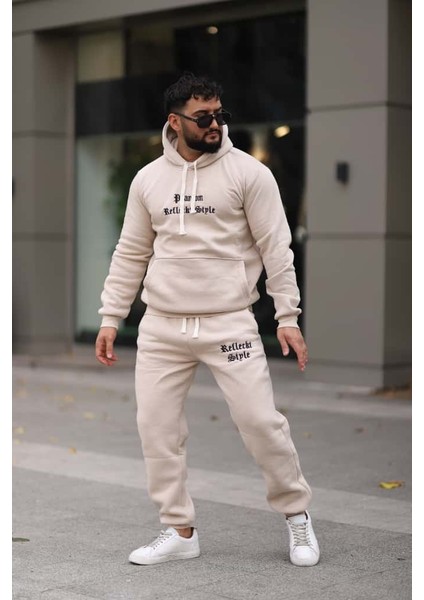 Erkek Unisex Kapüşonlu Kanguru Cepli Şardonlu 3 Iplik Kışlık Içi Polarlı Günlük Eşofman Takım