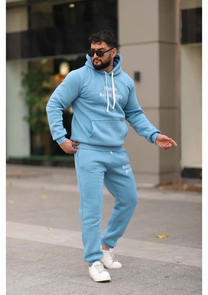 Erkek Unisex Kapüşonlu Kanguru Cepli Şardonlu 3 Iplik Kışlık Içi Polarlı Günlük Eşofman Takım