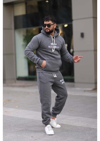 Erkek Unisex Kapüşonlu Kanguru Cepli Şardonlu 3 Iplik Kışlık Içi Polarlı Günlük Eşofman Takım