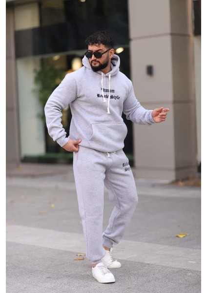 Erkek Unisex Kapüşonlu Kanguru Cepli Şardonlu 3 Iplik Kışlık Içi Polarlı Günlük Eşofman Takım