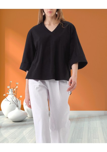 xint Kadın Kapri Kol V Yaka Yanı Yırtmaç ve Bağcık Detaylı Regular Fit Pamuklu Bluz