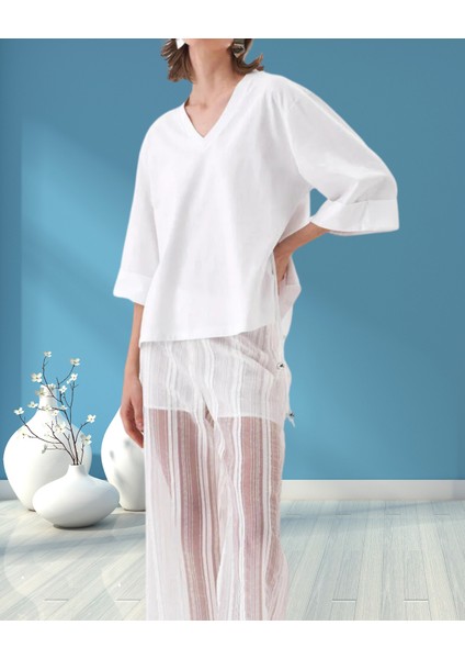 xint Kadın Kapri Kol V Yaka Yanı Yırtmaç ve Bağcık Detaylı Regular Fit Pamuklu Bluz