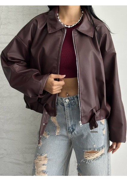 Kemer Detaylı Oversize Deri Ceket