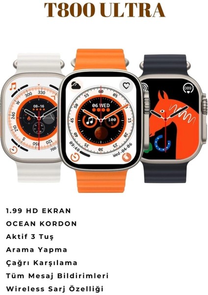 Watch 8 Series Ultra Uyumlu T800 Ultra Şık Tasaraımlı 3 Tuş Aktif 2023 Akıllı Saat