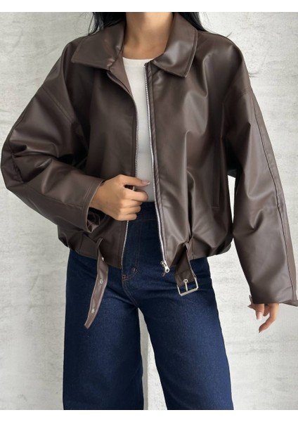 Kemer Detaylı Oversize Deri Ceket