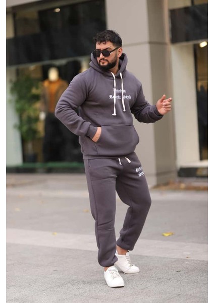 Erkek Unisex Kapüşonlu Kanguru Cepli Şardonlu 3 Iplik Kışlık Içi Polarlı Günlük Eşofman Takım