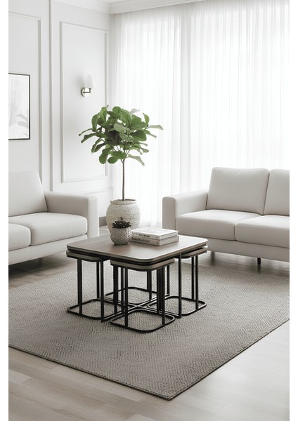 Afra 5'li Oval Kenar 4+1 Siyah Ayak Zigon Sehpa & Orta Sehpa