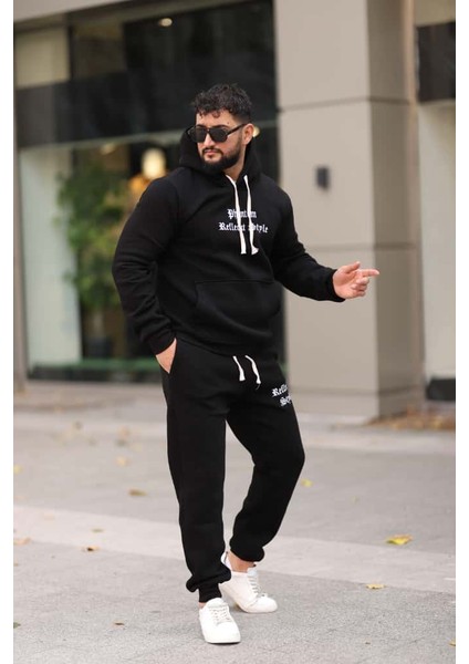 Erkek Unisex Kapüşonlu Kanguru Cepli Şardonlu 3 Iplik Kışlık Içi Polarlı Günlük Eşofman Takım