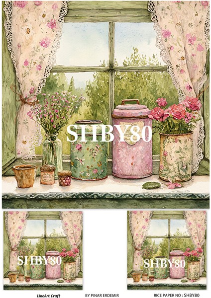 Shabby Serisi Pencere Önünde Çiçekler Desenli SHBY80 29*42 cm Pirinç Dekopaj