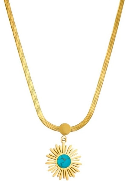 Çelik Italyan Zincirli Firuze Doğaltaşlı Bayan Altın Renk Kolye