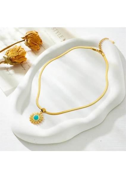 Çelik Italyan Zincirli Firuze Doğaltaşlı Bayan Altın Renk Kolye modelleri