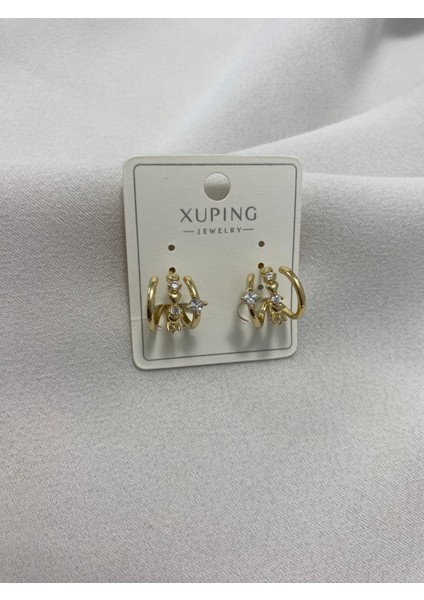 Xuping 14K Altın Kaplama Hediyelik Suya Dayanıklı Kadın Küpe Gold Halka Tek Delik Üçlü Çoklu Görünüm Küpe Şık Modern Taşlı Zarif Küpe Parlak Görünüm Minimal Küpe Günlük Kullanım