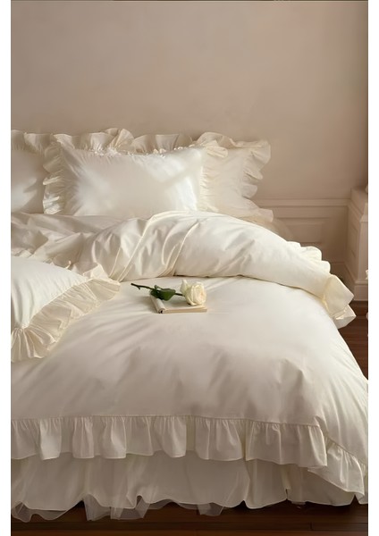 Tek Kişilik Organik Pamuklu Nevresim Seti Fırfır'lı Ekru