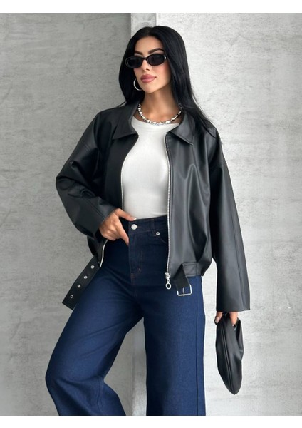 Kemer Detaylı Oversize Deri Ceket modelleri