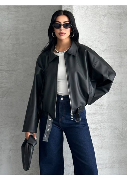 Kemer Detaylı Oversize Deri Ceket