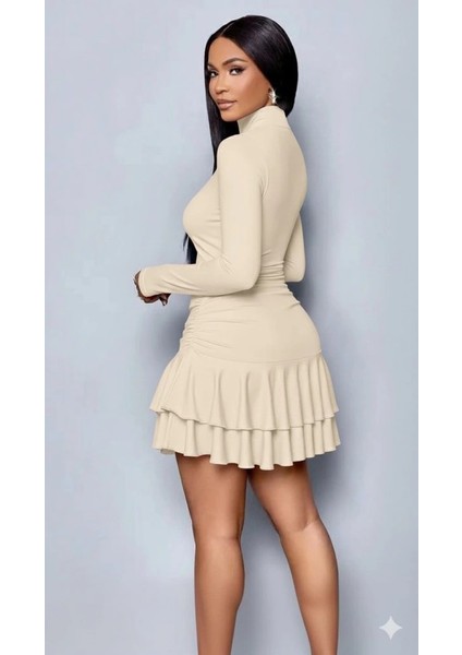 Kadın Uzun Kollu Balıkçı Yaka Mini Fırfırlı Sandy Elbise modelleri