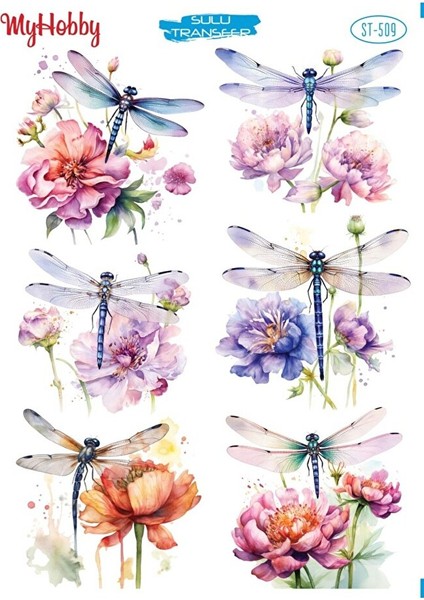 St 509 Çiçek, Kelebek, Yusufçuk Desenli Sulu Transfer 25*35 cm