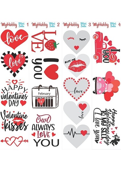 Sevgililer Gününe Özel Sulu Transfer, Aşk, Sevgi, Hobi 6*25 Cm, 4'lü Set
