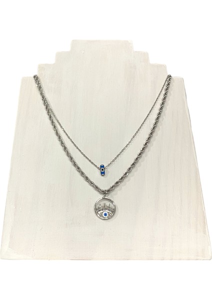 Bayan 316L Çelik Göz Nazar Boncuklu Çift Zincirli Gümüş Renk Kolye