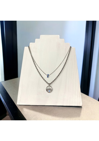 Bayan 316L Çelik Göz Nazar Boncuklu Çift Zincirli Gümüş Renk Kolye fiyatları