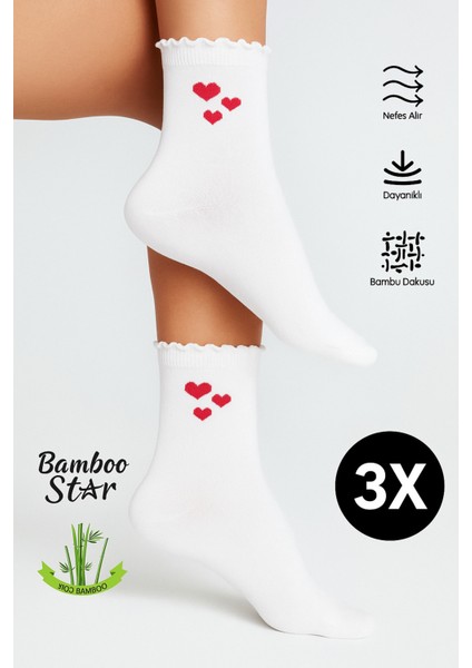Bambu Kadın Beyaz Fırfırlı Lastiksiz Kalpli Kadın Soket 3lü Beyaz Çorap Iz Bırakmaz Sıkmayan Çorap fiyatları