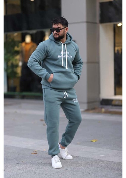 Erkek Unisex Kapüşonlu Kanguru Cepli Şardonlu 3 Iplik Kışlık Içi Polarlı Günlük Eşofman Takım