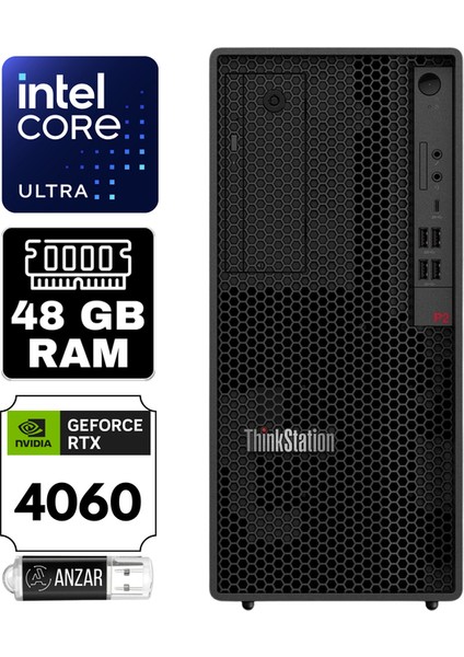 Thinkstation P2 Gen2 Intel Ultra 9 285K 48GB 1tb SSD Rtx 4060 8gb Windows 11 Home 750W Tower 30JQ003PTR-A11