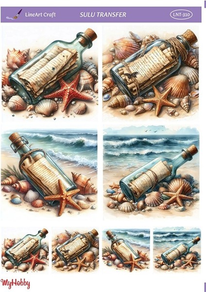 LNT-310 Sahile Vuran Şişe, Kumsal, Mektup 25 * 35 cm Sulu Transfer