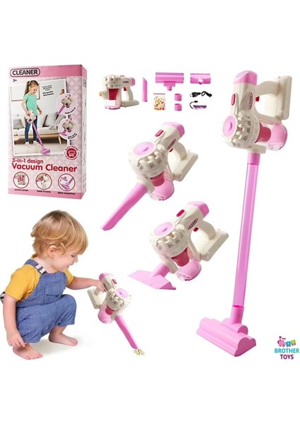 Dikey Süpürge Pembe 3'ü 1 Arada Sesli Vakumlu Çekme Özellikli Şarjlı Elektrikli Oyuncak