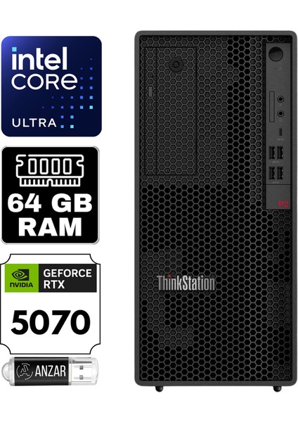 Thinkstation P2 Gen2 Intel Ultra 9 285K 64GB 8tb SSD Rtx 5070 12GB Windows 11 Home 750W Tower 30JQ003PTR-A19