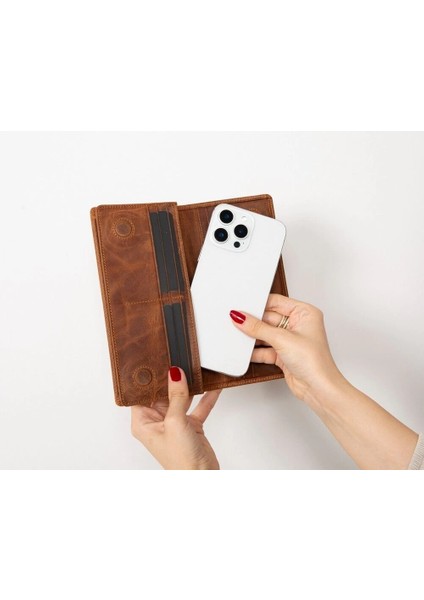 Aura Hakiki Deri, El Yapımı, Telefon Bölmeli, Kadın Cüzdanı, Açık Kahve modelleri