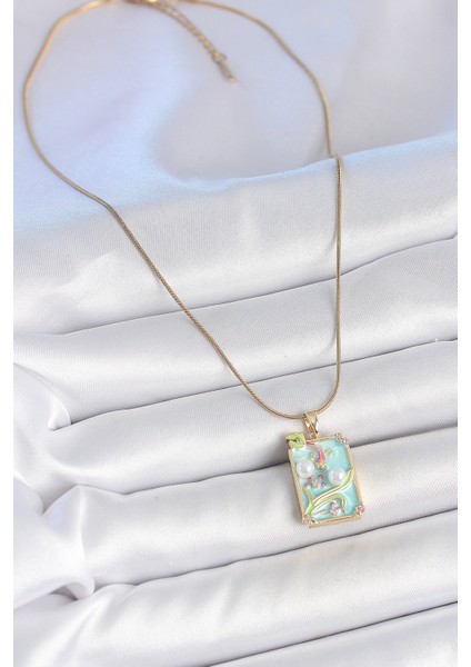 316L Çelik Gold Renk Zincir Mavi Mineli Incili Çiçek Işlemeli Portre Model Kadın Kolye - TJ-BKO10191 fırsatları