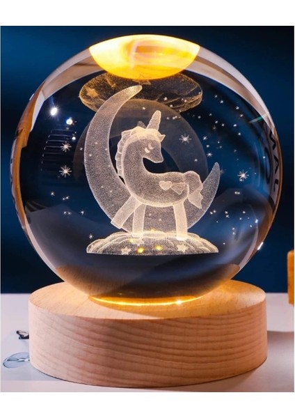 Dekoratif Ay Içinde Unicorn Tasarımlı Ahşap Altlıklı Işıklı Cam Küre Cam:8cm Ahşap:2cm B