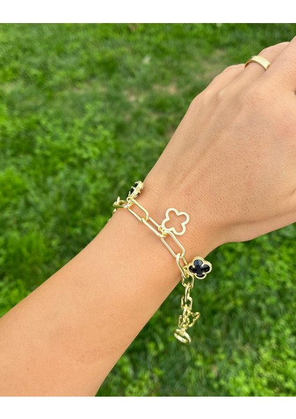 Siyah Taşlı Yonca Bileklik