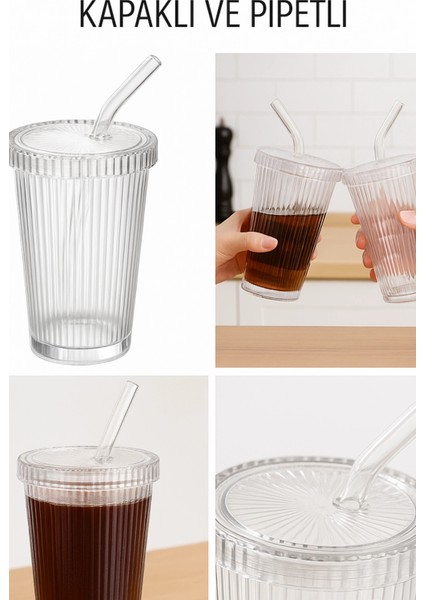 32 Adet Latte Kapaklı Pipetli Kristal Desen Fenomen Bardak Soğuk Kahve, Smoothie, Içecek Bardağ