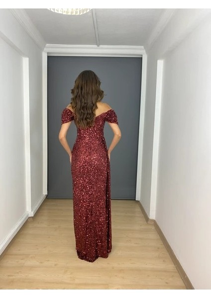 Bordo Kayık Yaka Payet Yırtmaçlı Ön Drapeli Uzun Abiye Elbise fiyatları