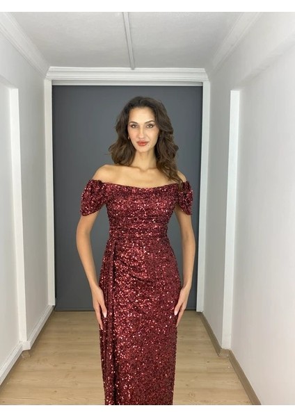 Bordo Kayık Yaka Payet Yırtmaçlı Ön Drapeli Uzun Abiye Elbise fırsatları