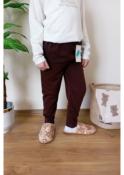 Çocuk Kahverengi 2 Iplik Şardonlu Paçası Lastikli Kışlık Eşofman Altı modelleri