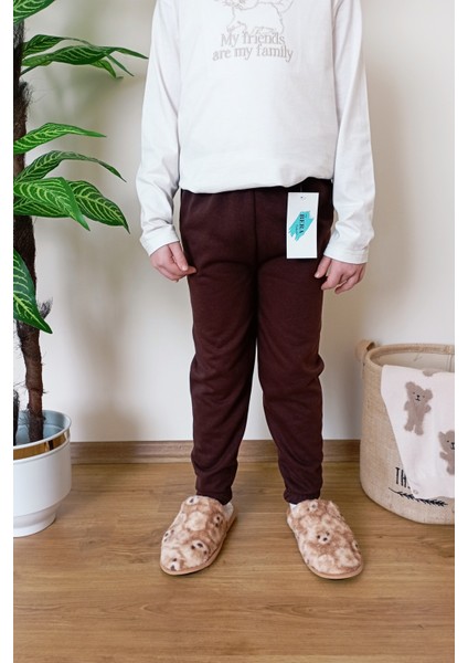 Çocuk Kahverengi 2 Iplik Şardonlu Paçası Lastikli Kışlık Eşofman Altı