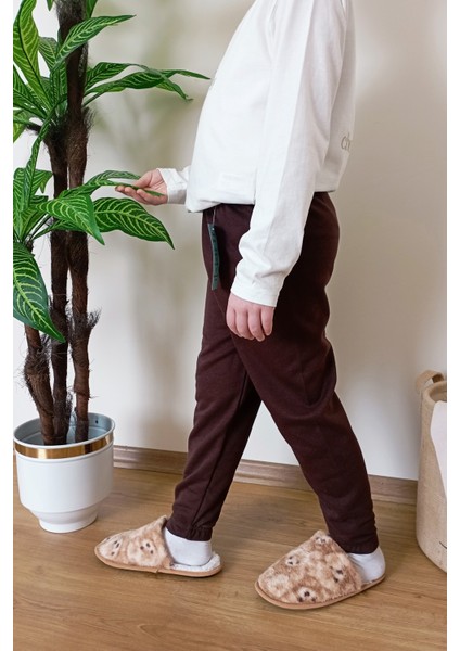 Çocuk Kahverengi 2 Iplik Şardonlu Paçası Lastikli Kışlık Eşofman Altı