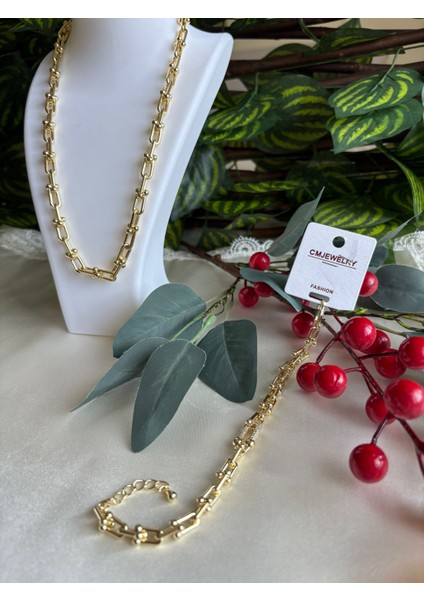 Kadın 14K Altın Kaplama Kolye Bileklik Takımı- Zarif Günlük ve Özel Gün Takı Seti