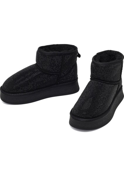 Kadın Siyah Kalın Tabanlı Taşlı Deri Teddy Bot 25WFD4922TS modelleri