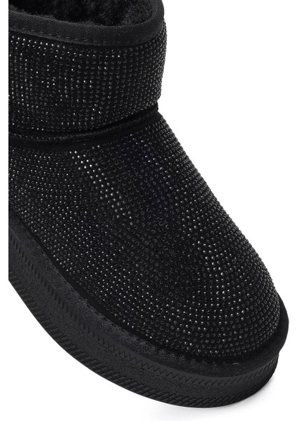 Kadın Siyah Kalın Tabanlı Taşlı Deri Teddy Bot 25WFD4922TS