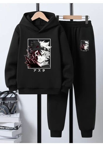 Punıx Kıds Özel Tasarım Kapüşonlu Savaşçı Anime Baskılı %100 Pamuk Kışlık Japon Trend Erkek Çocuk Eşofman Takımı