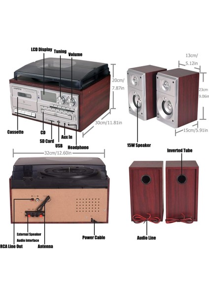 Bluetooth Cd'li Kaset USB Radyo 33-45-78 Plaklar Çalar Pikap Çift Hoparlörlü Kumandalı fırsatları