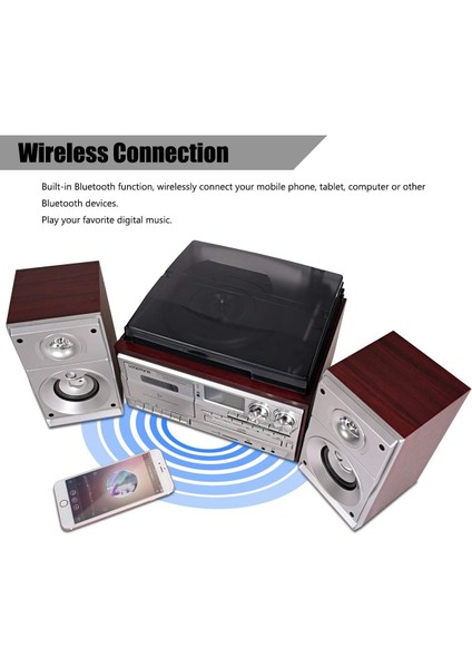 Bluetooth Cd'li Kaset USB Radyo 33-45-78 Plaklar Çalar Pikap Çift Hoparlörlü Kumandalı