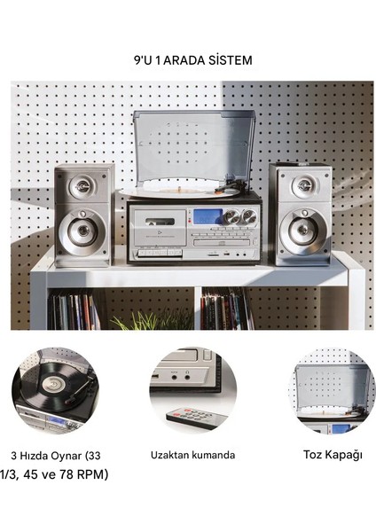 Bluetooth Cd'li Kaset USB Radyo 33-45-78 Plaklar Çalar Pikap Çift Hoparlörlü Kumandalı