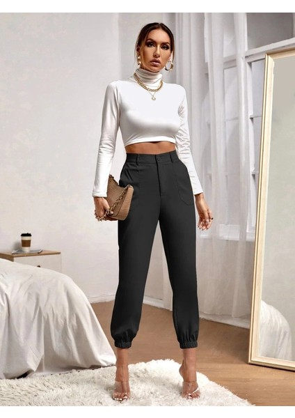 Kadın Yüksek Bel Cepli Paçası Lastikli Ithal Krep Pantolon indirimleri